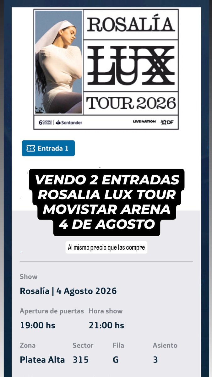 Ariesbth's tweet photo. @chiaranonmedica @ppaulinaa__ Buenas! Vendo platea alta tambien! https://t.co/tUTdQYpVg8