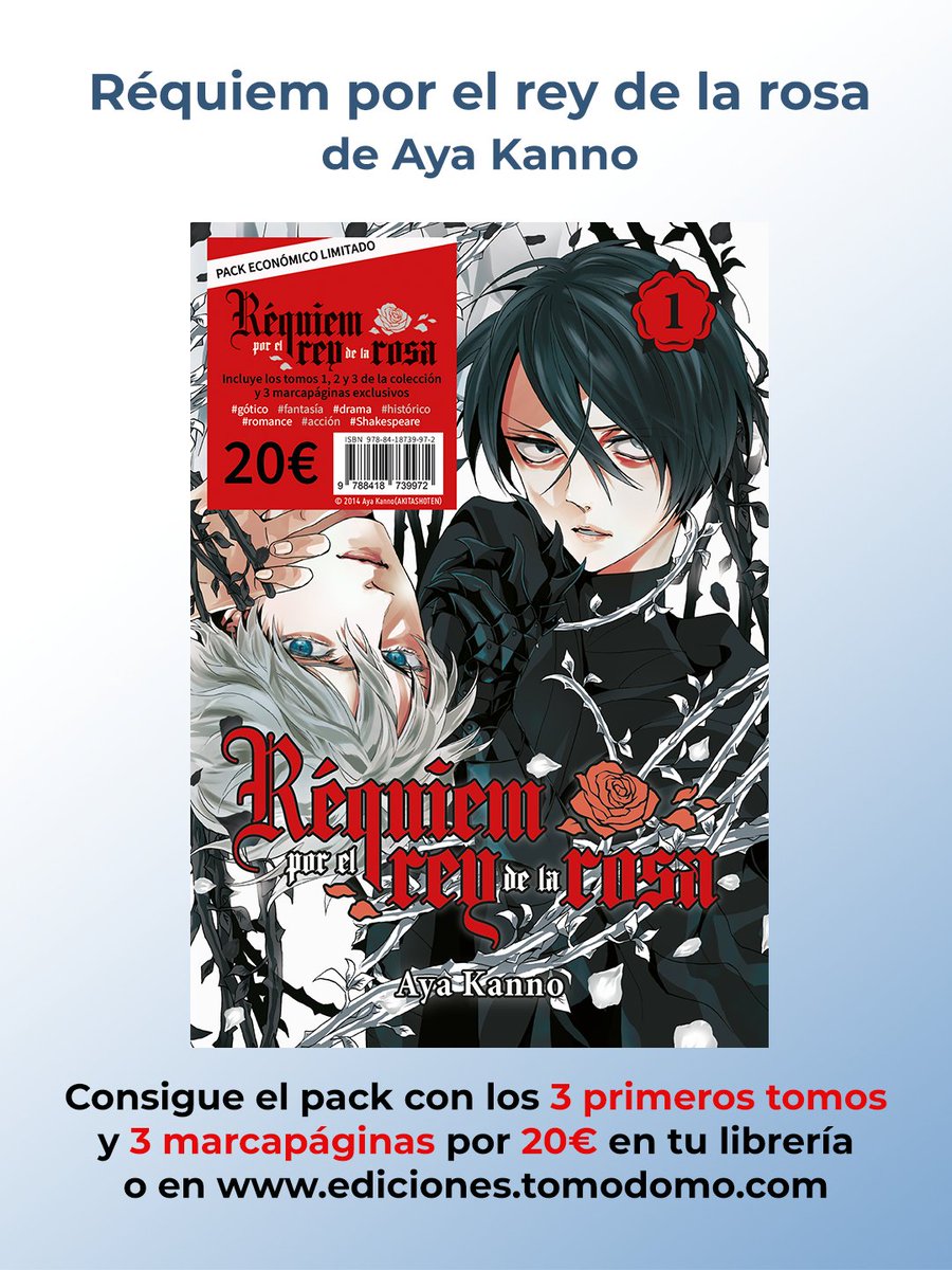 TomodomoEd's tweet photo. 👑 Réquiem por el rey de la rosa 🌹 es el candidato perfecto para ser tu 😎 manga del verano ⛱️
Una historia fascinante y oscura que te hará olvidar el bochorno.
Consigue el pack limitado con los tres primeros tomos por 20€ en tu librería o en: https://t.co/Dif4HrYMKf https://t.co/ZH1dBrVfNt