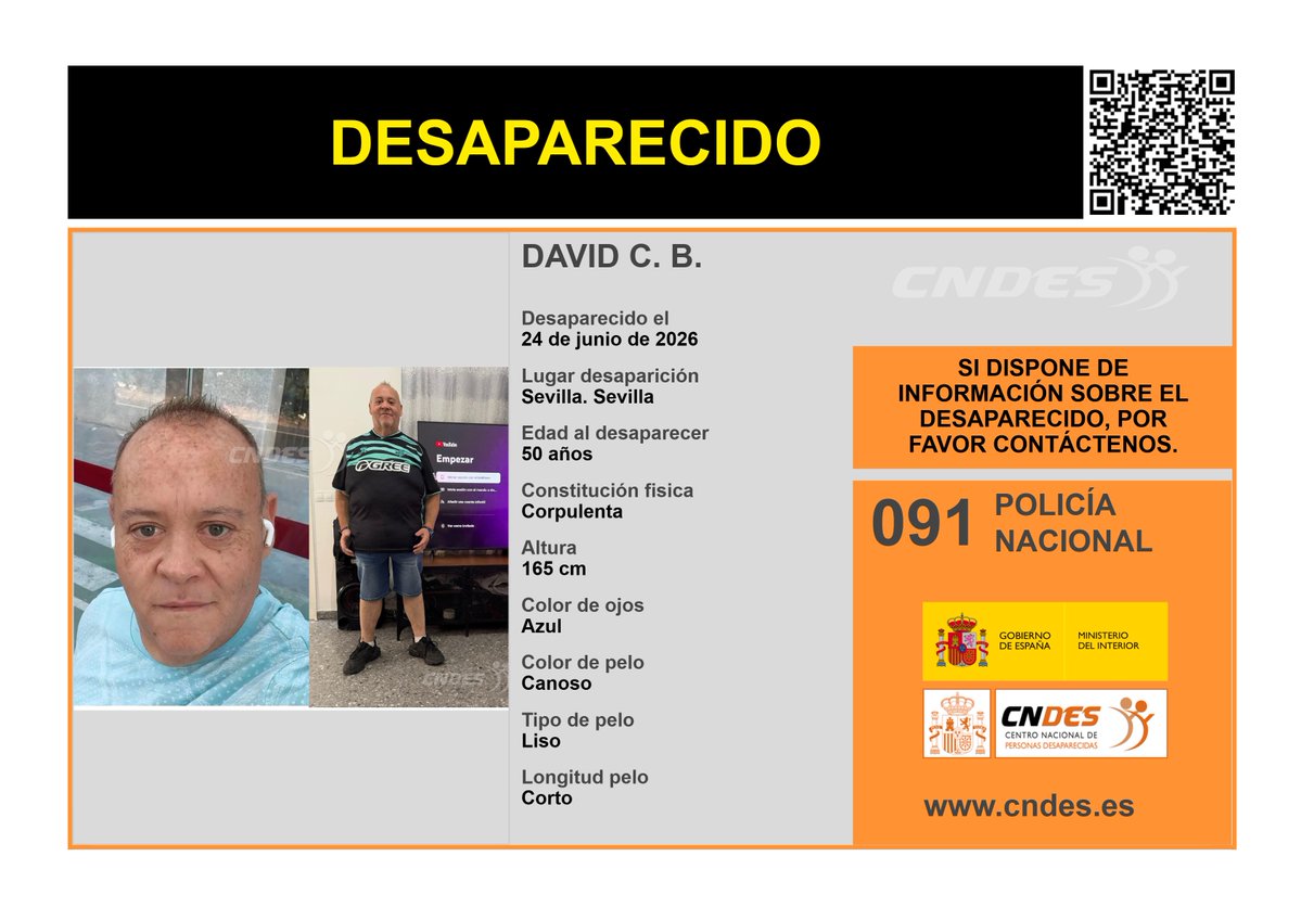 cndes_oficial's tweet photo. ⚠️𝘼𝙇𝙀𝙍𝙏𝘼⚠️
🚹DESAPARECIDO
Edad 5⃣0⃣ años
🧐visto por última vez #Sevilla
🔄RT para ayudar a encontrarlo
Si lo has visto o tienes pistas:
✅ 📩https://t.co/ShocyWD6mU
✅📞091 @policia
✅🔗 Canal oficial @cndes_oficial
#desaparecido #Sevilla https://t.co/P7GFpwsnwT