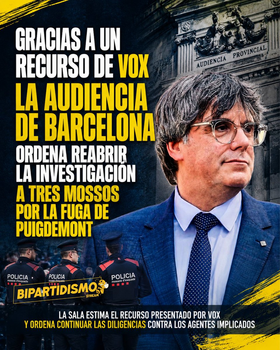 Bipartidismo_'s tweet photo. 🔴 Gracias a un recurso de VOX la Audiencia de Barcelona ordena reabrir la investigación a tres mossos por la fuga de Puigdemont. https://t.co/v5NMO5gyRy