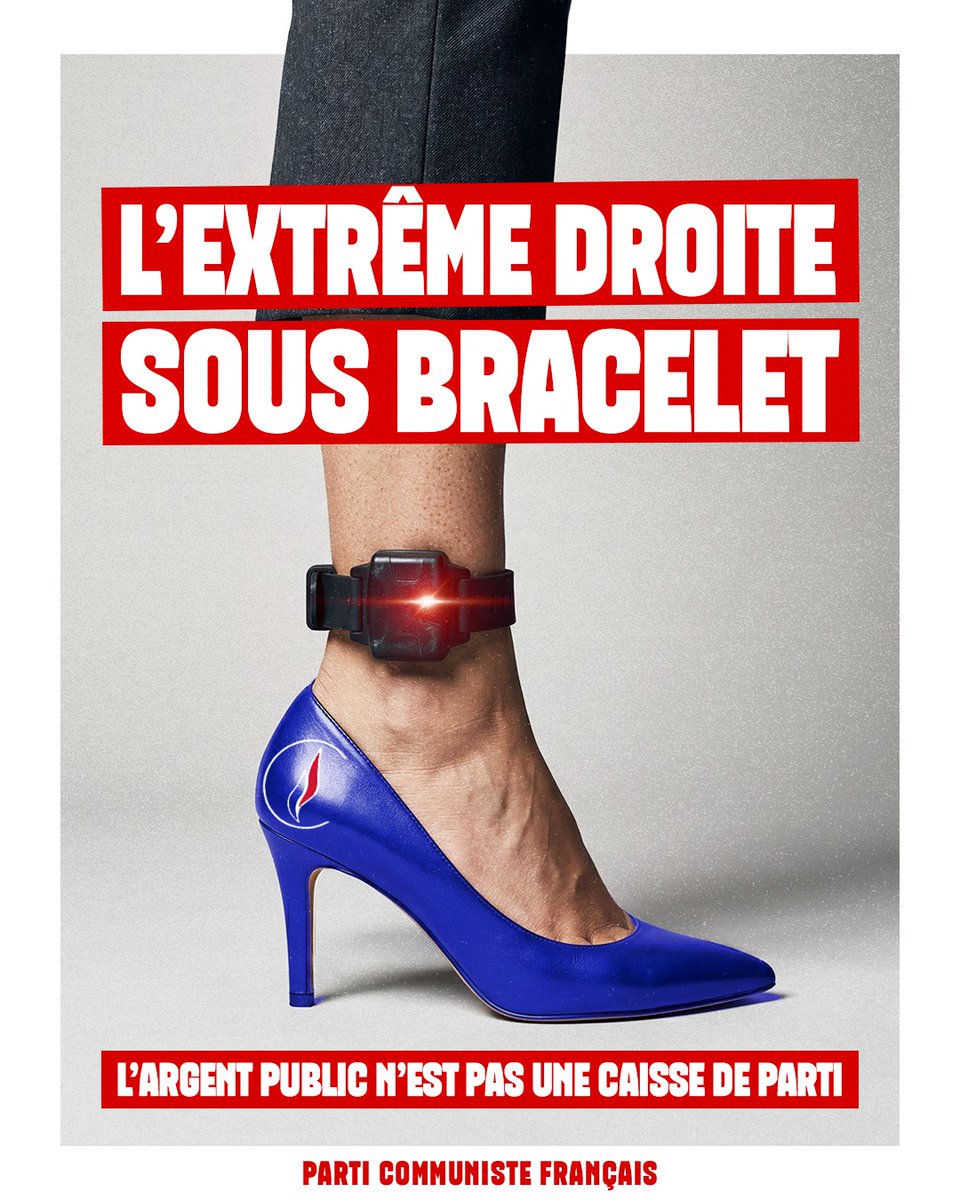PCF's tweet photo. ⚖️ Marine Le Pen est condamnée à 100 000 € d'amende, 3 ans de prison dont 2 avec sursis (1 an ferme sous bracelet électronique) et 45 mois d'inéligibilité, dont 30 avec sursis, pour détournement de fonds publics.

Derrière les discours de « probité », l'extrême droite se sert avant de servir.

🚩 Face à celles et ceux qui divisent le peuple et propagent la haine, notre combat continue.

Dans les urnes, dans les idées et sur le terrain, pas un pouce ne sera cédé à l'extrême droite !
