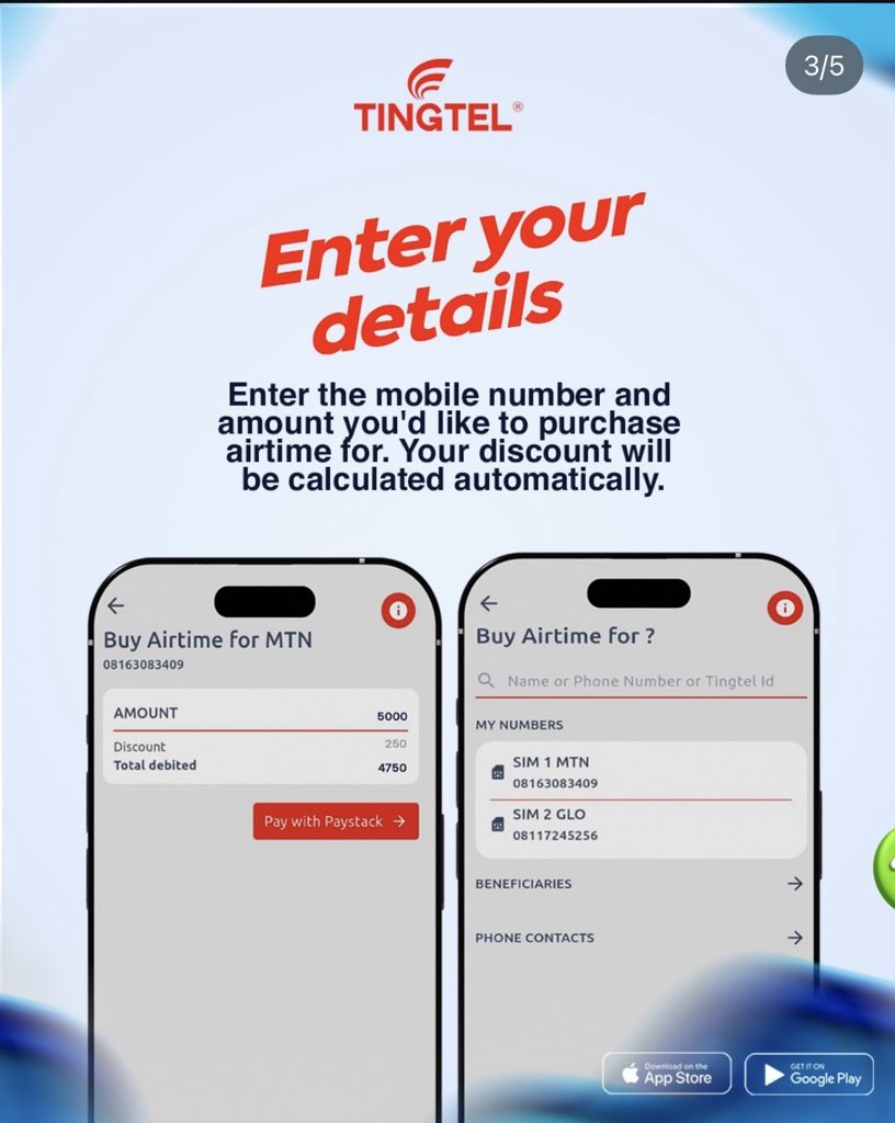 TingtelNG's tweet photo. Looking to save more money every time you buy airtime for yourself or your loved ones?
The Tingtel App lets you buy airtime at discounted rates, up to 20% off! 🤩
Check the slides to see how it works 📲
#explore #tuesday #airtimetocash #buyairtime #airtime https://t.co/gOSbHqHofc