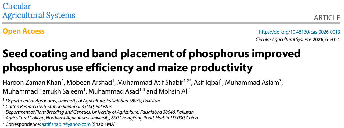 EcologicalAR's tweet photo. #CAS  
Seed coating + band placement boosts maize PUE to 30.8% &amp; yield to 7.72 t/ha in calcareous soils—cutting P fixation losses.
@MaximumAcademic @UniversityofAg2 #Phosphorus #MaizeBreeding
Details: https://t.co/OKvIjqTapG https://t.co/dCGHOjQhIO