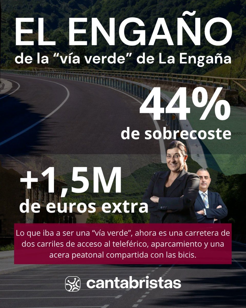 cantabristas_'s tweet photo. 💸 La Engaña. Lo vendieron como una "vía verde" y se convirtió en una carretera turística con sobrecostes millonarios que pagamos todos y todas.

🤬 El PP de Buruaga lleva toda la legislatura igual. Que no nos sigan tomando el pelo: en las próximas elecciones hay que echarles. https://t.co/GQaKJk0eZb