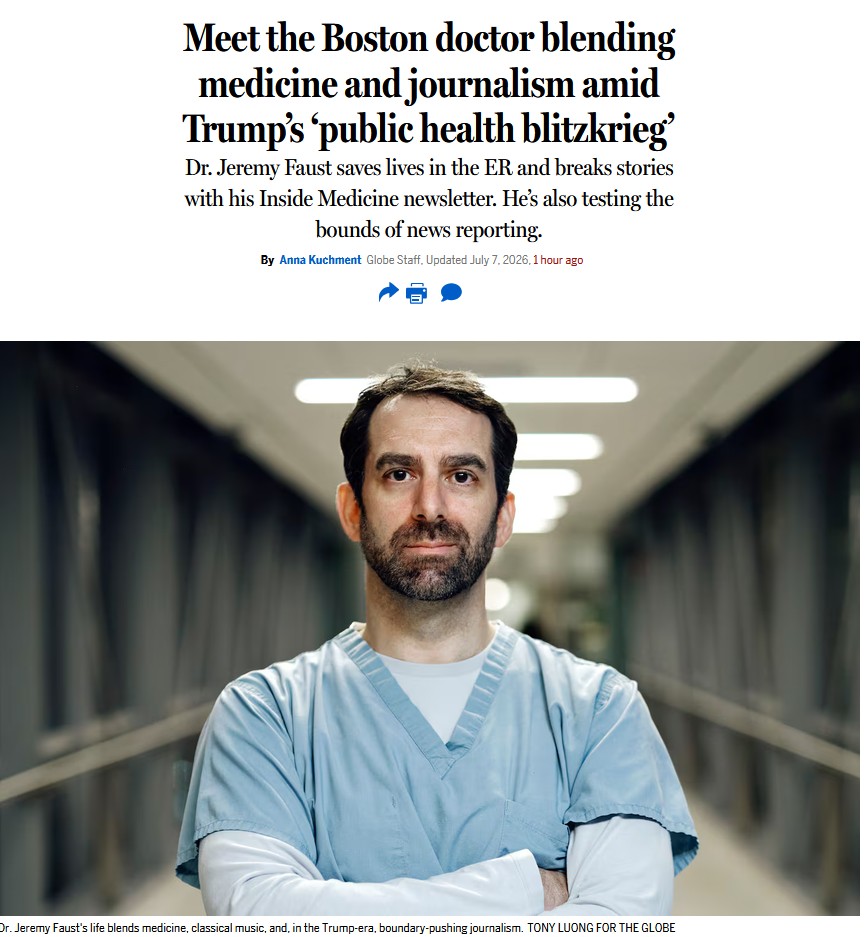 greg_folkers's tweet photo. Boston Globe Magazine: Meet the Boston doctor blending medicine and journalism amid Trump’s ‘public health blitzkrieg’ 

By Anna Kuchment @jeremyfaust @akuchment @BostonGlobe 

https://t.co/XuKNVPz8iQ https://t.co/2GGF1E6z4M