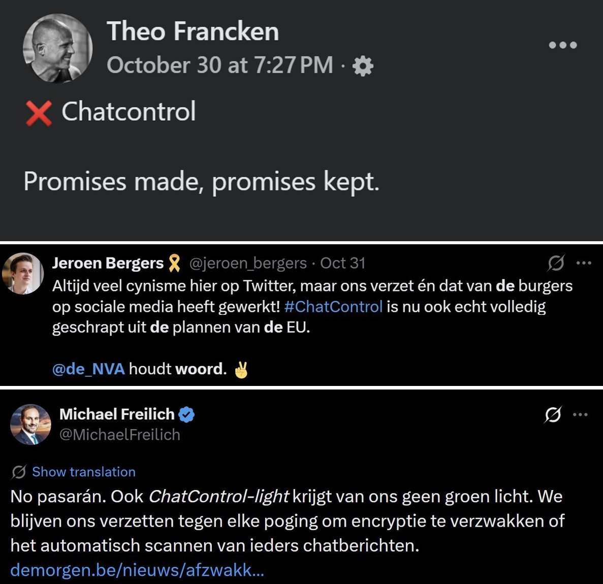 TijlDeBie's tweet photo. Een donkere dag voor de Europese democratie en het recht op privacy: de hernieuwing van #ChatControl 1.0 is nu zo goed als een voldongen feit.
Zo stemden de Vlaamse Europese Parlementsleden:
- Tegen (en dus vóór uw privacy 👍): @vlbelang (@gannemans @TomVandendriese @Barbarabonte), @groen (@msaraswati), @pvdabelgie (@RudiKennes), @vooruit_nu (@BTobback @kvanbrempt), @anders_partij (@hildevautmans).
- Voor (en dus tégen uw privacy 👎): @de_NVA (@jvanovertveldt @Assita_Kanko @KrisVanDijck1), @cdenv (@wbeke @LiesbetSommen).
Zéér benieuwd naar de uitleg van @FranckenTheo ("❌Chatcontrol Promises made, promises kept"), @MichaelFreilich ("no pasarán"), en @jeroen_bergers ("@de_NVA houdt woord. ✌️").