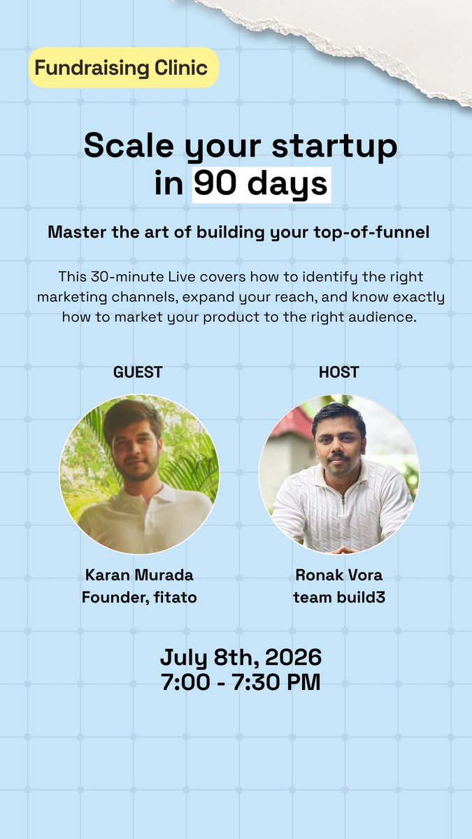 build3_startups's tweet photo. We've noticed the same thing showing up on our timeline for days now. Founders struggling with marketing, not knowing where to start or what actually works. 

So we're hosting a session on it. 

Whether its the question about running ads or finding the right channel, all your questions would be covered.  

Karan Murada, founder of Fitato, who has scaled multiple startups from zero to crores and knows marketing inside out, joins us for a live conversation. Hosted by Ronak Vora from build3.  

Find the link in the comment 
📅 8th July, 2026
🕖 7:00 to 7:30 PM
📍 Instagram Live - build3.startupstudio