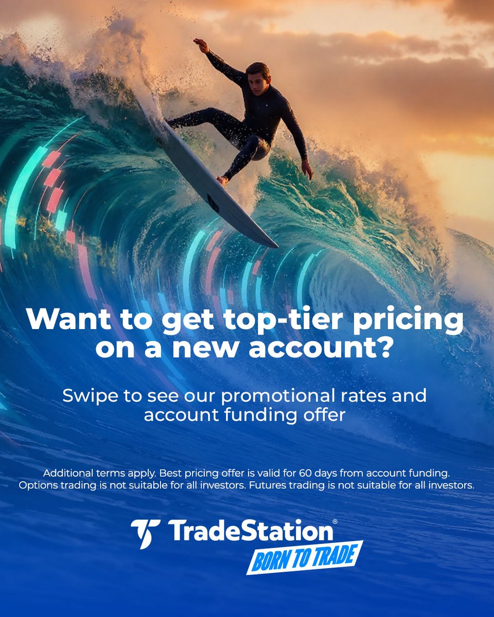TradeStation's tweet photo. Get our best rates on options and futures, plus a cash reward bonus when you fund with a qualifying deposit.  🧵 1/5 https://t.co/x79oMEjggn