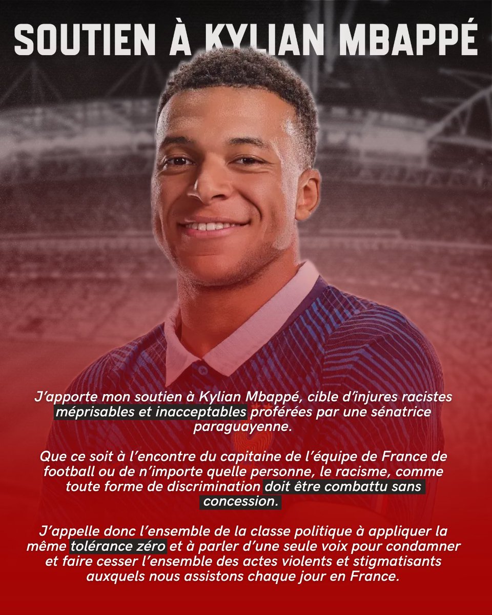 fabien_gay's tweet photo. J’apporte mon soutien à Kylian Mbappé, cible d’injures racistes méprisables et inacceptables proférées par une sénatrice paraguayenne. https://t.co/cPn2dF7efK