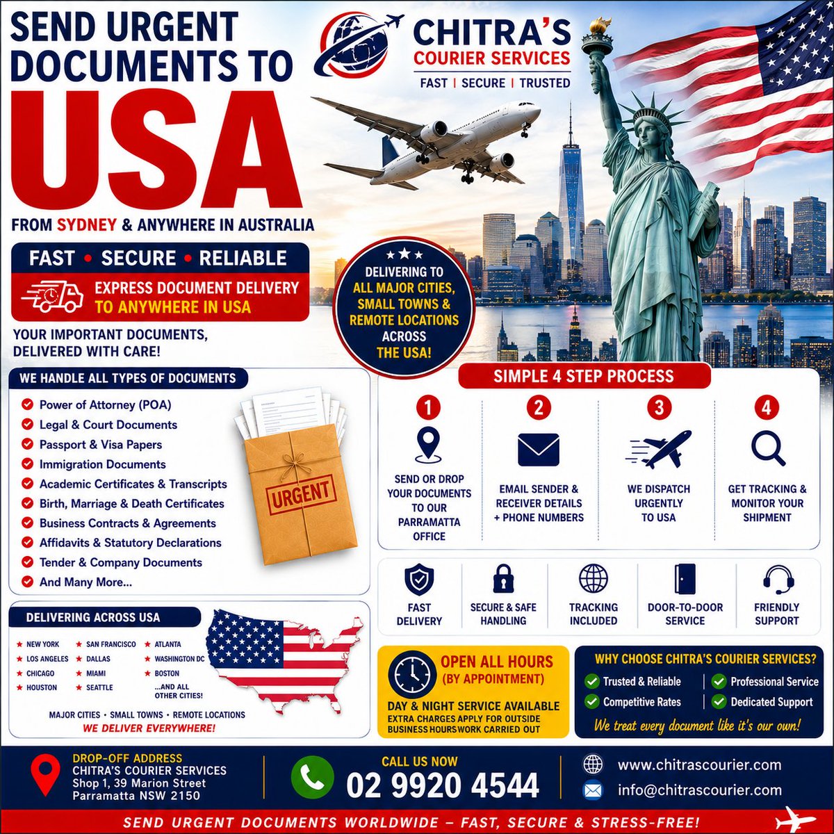 ChitrasCourier's tweet photo. If you are searching for a trusted courier to send urgent documents from Sydney to USA, legal documents from Parramatta to America, or important paperwork from Australia to the United States, Chitra’s Courier Services can help arrange the courier process with personal support. https://t.co/KaSiVqamHR