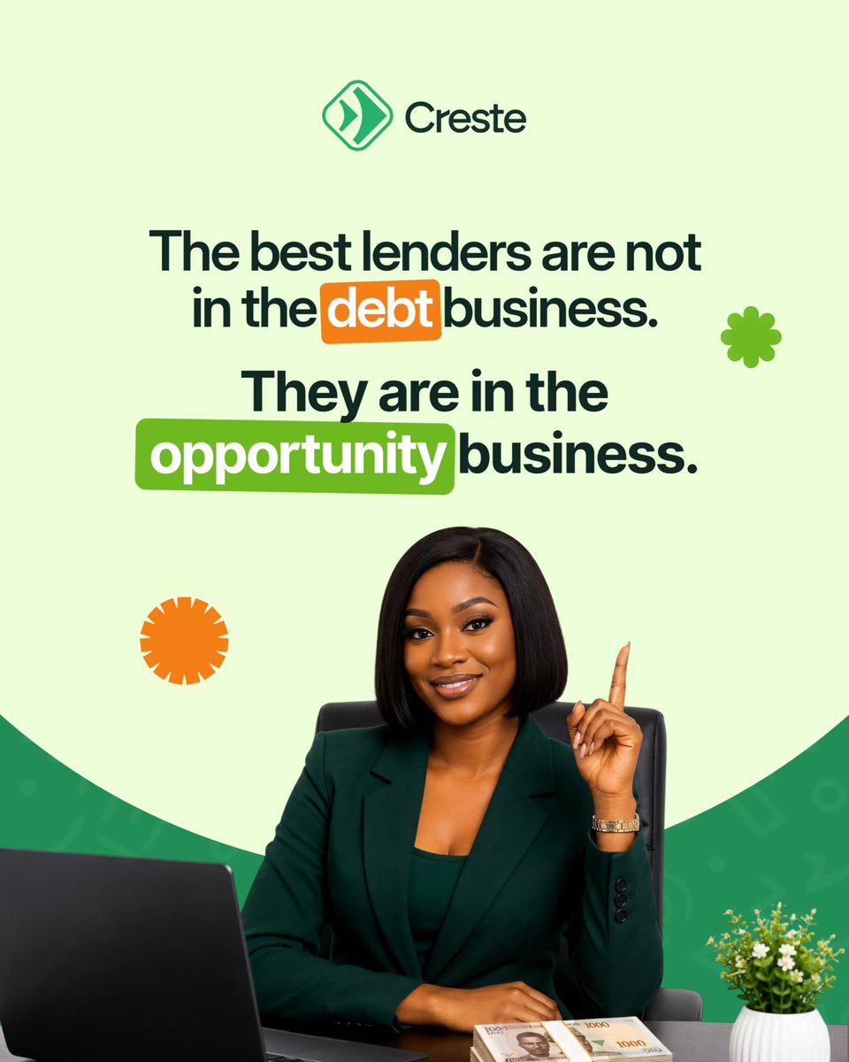 usecrestehq's tweet photo. The best lenders in Nigeria are not really in the debt business. They are in the opportunity business.

Here is what that means. 🧵 https://t.co/l9LcZWeyQD