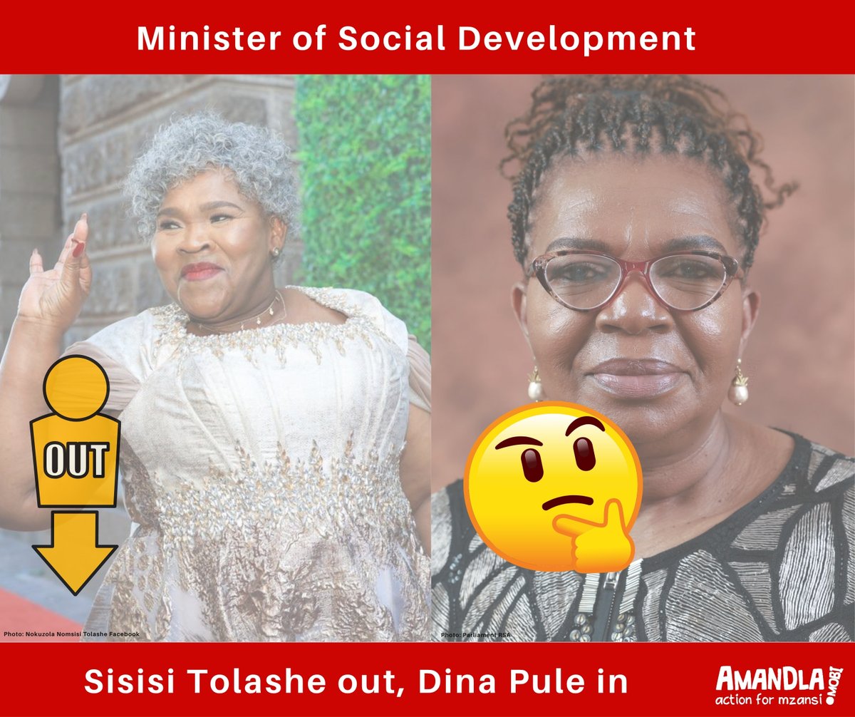 AmandlaMobi's tweet photo. [UPDATE]: Following the removal of Sisisi Tolashe as the Minister of Social Development, President Cyril Ramaphosa has appointed Dina Pule as the new minister.

The appointment has been met with much criticism - Dina Pule was removed from cabinet as Minister of Communications back in 2013 for unethical conduct. More here: https://t.co/yl5kH6zHaQ.

The Department of Social Development plays a crucial role in social protection and the welfare of millions of vulnerable people in Mzansi. Already, Sisisi Tolashe, as minister, has failed the people in many ways, including cutting grants and making it difficult to access the R370 SRD grant. The position of minister requires someone who is ethical and strongly committed to fighting hunger and poverty. We are disappointed by President Ramaphosa's choice, as it shows little respect he has for the position and disregard for the people who rely on the department for survival.

❗️We want to hear from you - let us know in the comments what you think about Dina Pule being appointed as the Minister of Social Development.

#TogetherForJustice ✊🏾