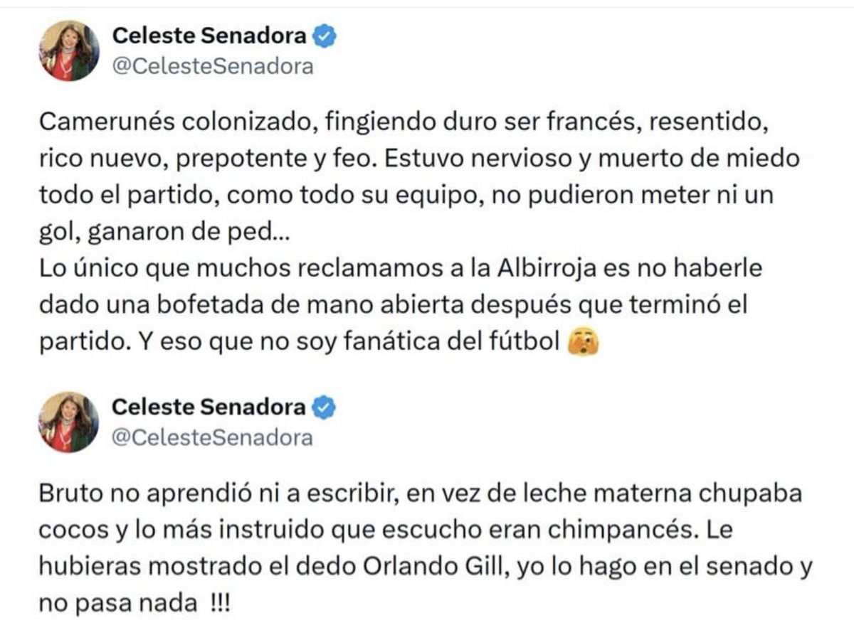 PelonGomis's tweet photo. Lo vomitivo no es que alguien piense como la IGNORANTE senadora Celeste Amarilla.
Lo vomitivo es que alguien que piensa así, tenga la responsabilidad de legislar.

Cuando un servidor público sustituye los argumentos por insultos racistas, deja de representar la grandeza de su país y empieza a exhibir la miseria de sus propios prejuicios.

El racismo no es una postura política... ¡Es el fracaso más profundo de la condición humana! 

@KMbappe 
@PresidenciaPy 
@CelesteSenadora