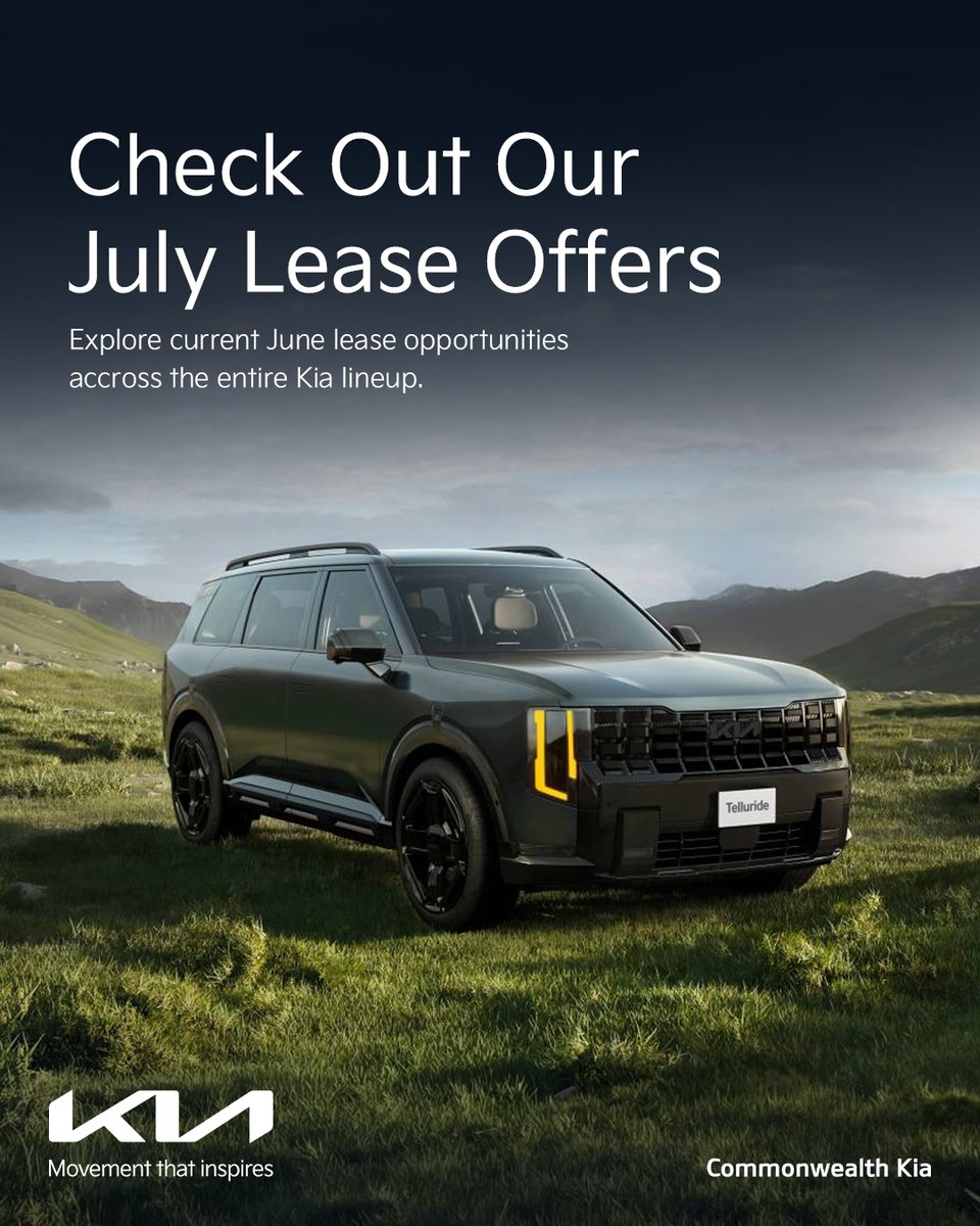 CMKIA_'s tweet photo. Check out our July lease offers at Commonwealth Kia! 🚗

Upgrade to a new Kia and explore current lease opportunities across the lineup. From everyday comfort to bold capability, there’s a Kia ready for whatever comes next.

Shop today:
 https://t.co/8h4mJiaMDK

#Kia https://t.co/yJ8CHC7qNS