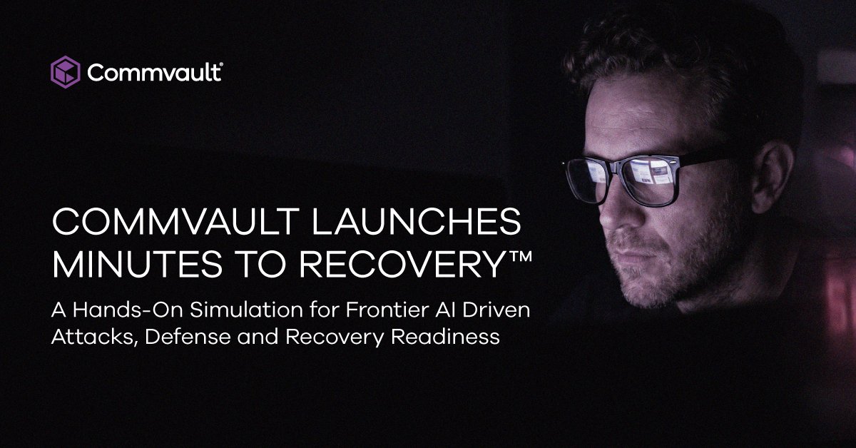 Commvault's tweet photo. Introducing Minutes to Recovery™ – a hands-on cyber resilience simulation that helps organizations experience, defend against, and recover from Frontier AI-driven cyberattacks under real-world conditions.

Read the full release: https://t.co/pylafuQ1yT https://t.co/cWWk9fx91P