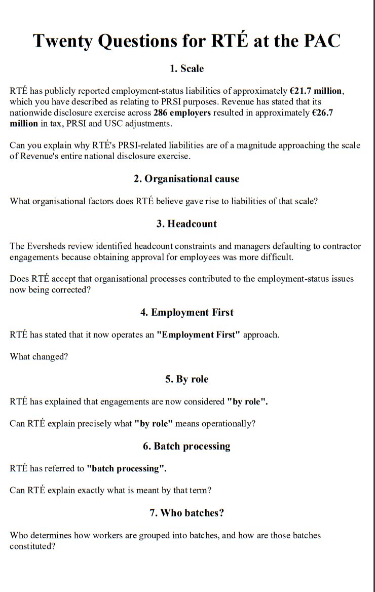 williamhboney1's tweet photo. "20 QUESTIONS FOR RTÉ AT THE #PAC" 

&amp;

"RTÉ at the Public Accounts Committee Cheat Sheet"

9 JULY 2026.

You're welcome. https://t.co/qzG1J21JUK
