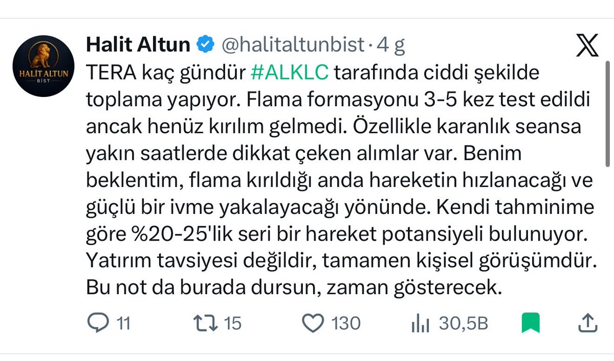 halitaltunbist's tweet photo. #ALKLC 

başladık bugün tavan aldık anlık kârımız %11,5 

Hedefi yazmıştık çıkış almıyorum Allah bereket versin şimdiden Tera boşuna bu kadar düzenli mal almaz hiçbir zaman! https://t.co/jaAROXeUqY