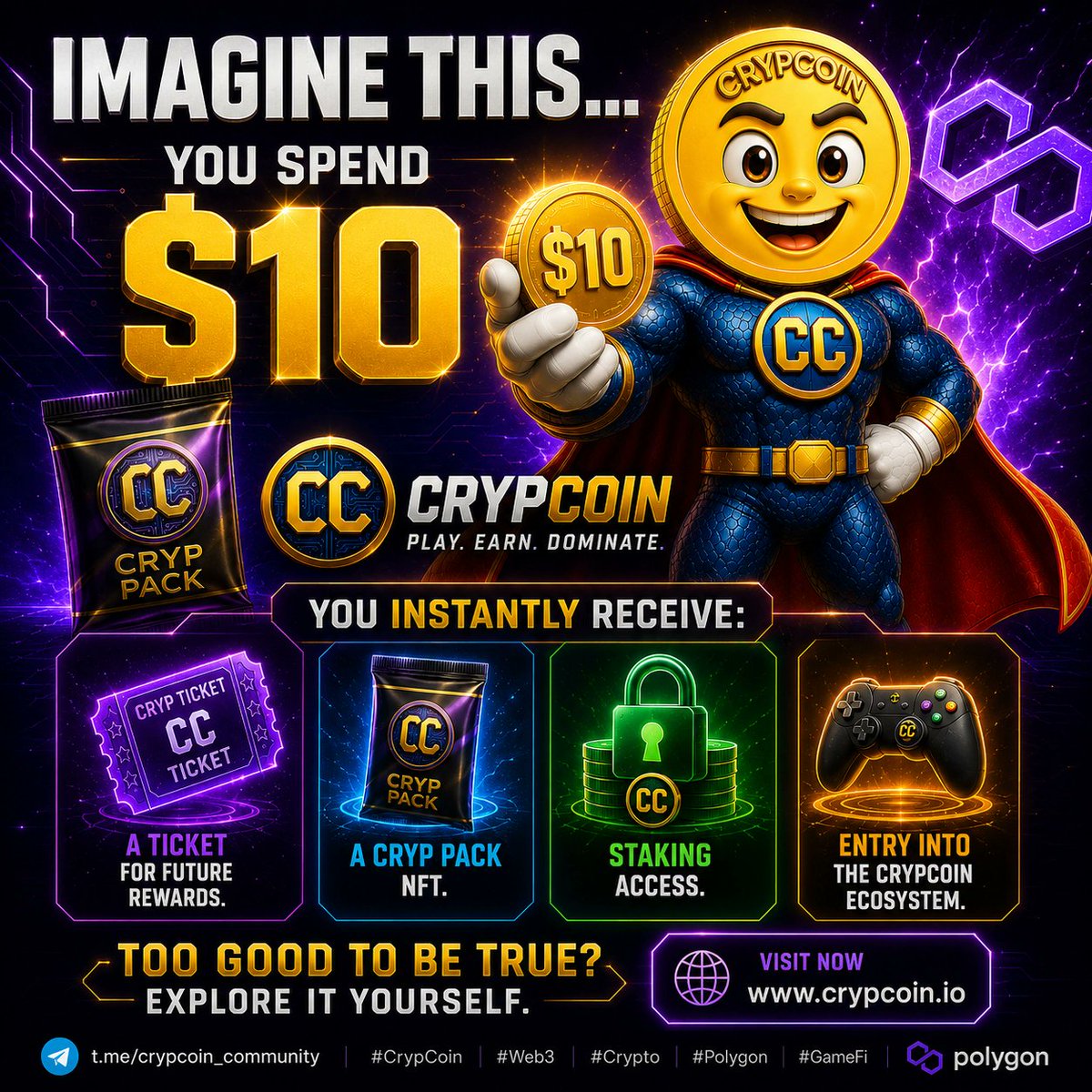 CrypCoinHQ's tweet photo. What can you do with $10 in CrypCoin? ๐ค
More than you'd think:
๐๏ธ Ticket for future rewards
๐ฆ Cryp Pack NFT
๐ Staking unlocked
๐ฎ Access to the CC ecosystem Play. Earn. Dominate.
๐ https://t.co/iUqQdz9DIz | https://t.co/kN6V8Arnwg
#CrypCoin #Polygon #Web3 #Gamefi #NFT #Earn #Rewards #Album #Genesis
