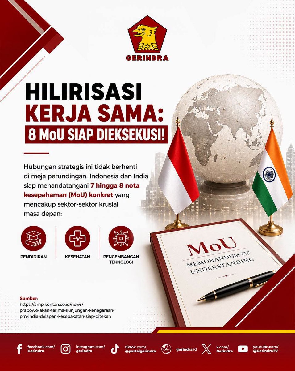 Gerindra's tweet photo. Partai Gerindra menegaskan bahwa kedekatan nyata kedua pemimpin berhasil mengunci 8 kesepakatan strategis di sektor vital, mulai dari kemandirian kesehatan, akselerasi teknologi, hingga restorasi budaya Candi Prambanan. https://t.co/eCxI5pCJk0