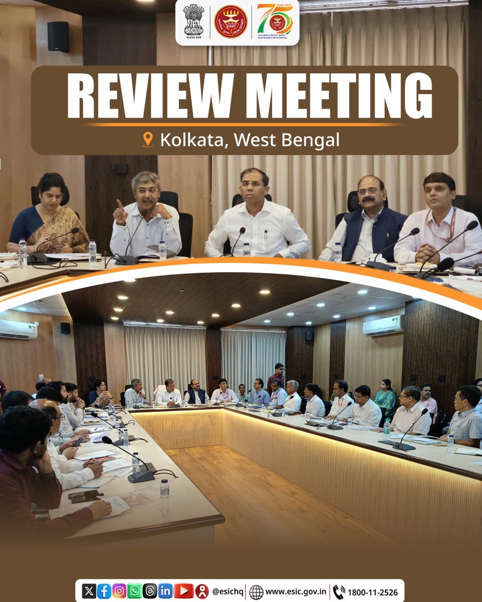 esichq's tweet photo. A review meeting of ESIC was held today in Kolkata, West Bengal under the chairmanship of Shri Ashutosh Pednekar, Joint Secretary, Ministry of Labour & Employment, Government of India in the august presence of Smt. Rachana Bhagat, Labour Secretary, Government of West Bengal; Shri Pranay Sinha, Insurance Commissioner (NEZ); Shri Amarnath Tiwari, Regional Director; Shri Tanmay Chakraborty, Director, ESI (MB) Scheme along with other senior officers of ESIC and the State Government.

During the meeting, the Joint Secretary reviewed the implementation of the ESI Scheme in the State, healthcare service delivery, ongoing projects and other key matters. The discussions concluded on a positive note, reaffirming the shared commitment of ESIC and the State Government to further strengthen healthcare services and social security benefits for ESIC beneficiaries.

#ESIC #WestBengal #SocialSecurity #ESIScheme