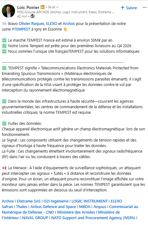 MediumTrade's tweet photo. #archos #trading  

🇫🇷 Usine #TEMPEST opérationnelle à Igny, premières livraisons T4 2026.

✅ Marché France estimé à 50 M€/an
✅ Unique site français pour les solutions informatiques TEMPEST
✅ Cybersécurité souveraine &amp; Défense : un marché en pleine expansion. https://t.co/7dGR8yvSqm