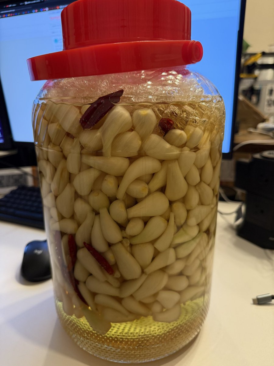 DnWeb2's tweet photo. 左、つけたばっかりの時のラッキョウ。
右、３週間後のラッキョウ。
一粒食ってみたらウマ！
あと1カ月ちょい寝かして完成を待つ。 https://t.co/MOOwBhBSCe