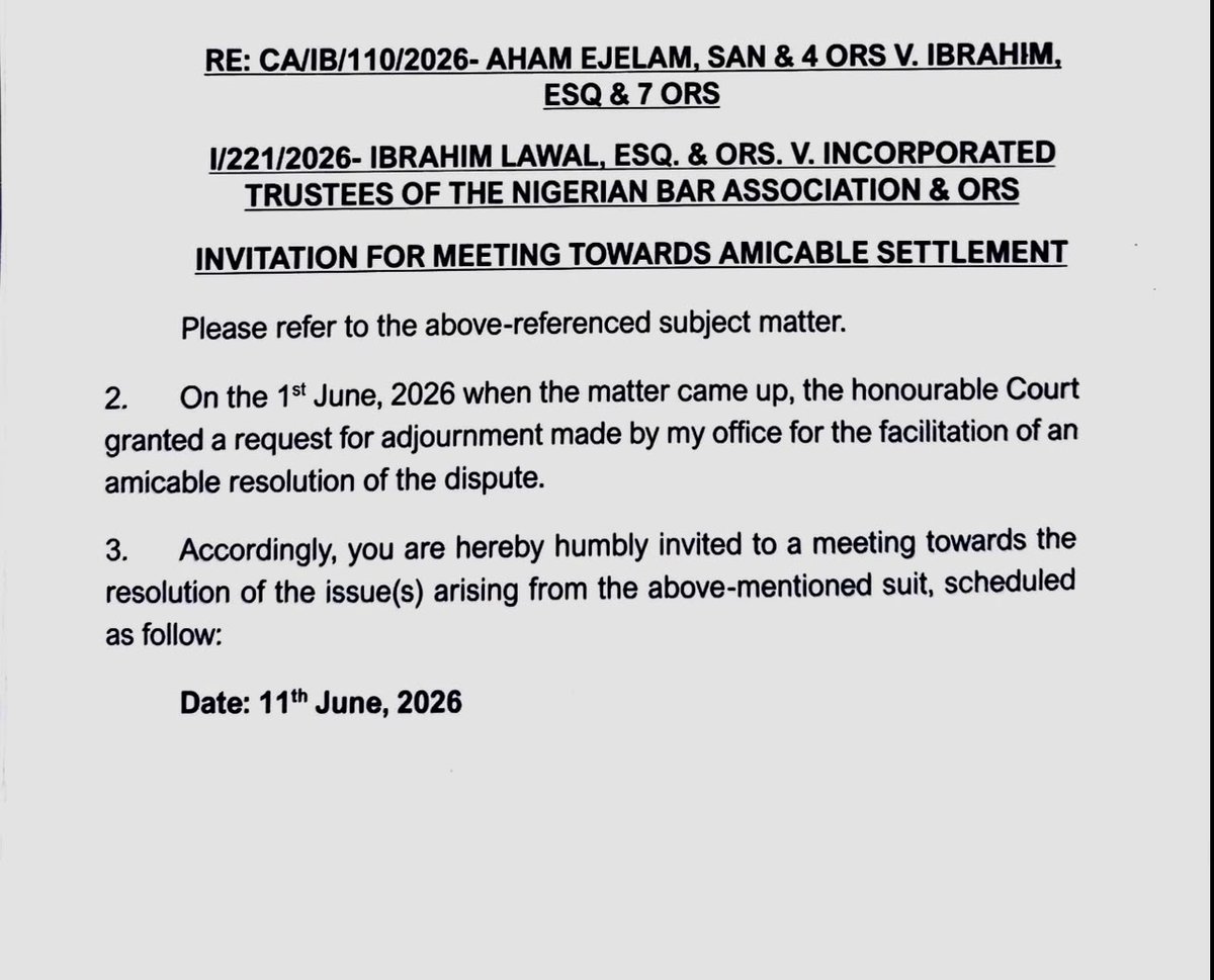 ChidiOdinkalu's tweet photo. When I said here last week that there were plans to use the office of the Attorney-General of the Federation to take over @NigBarAssoc if certain parties did not get their way with the upcoming #NBADecides2026, the usual folks here acted as if that was fable. 

Now we have the evidence in black & white under the hand of the Attorney-General of the Federation himself, Lateef Fagbemi. 

It is not to be forgotten that the #HAGF is party to the ongoing litigation before @NGCourtofAppeal. If a party to a pending case is proposing terms of settlement, those cannot be "directions." At best, they are proposals for the parties to consider.

It is notable that the #HAGF does not cite any source of legal text as authority or bases for the extraordinary whim that he has chosen to indulge in. The reason is because none can be found in existing law. 

If Lateef Fagbemi wants it on his record & as his legacy he was the Attorney-General of the Federation who used his pen to ink the obituary of @NigBarAssoc, he will have a lot of willing helpers.

He wants the #NBADecides2026 to mandatorily use #NIN. But NBA does not produce the Roll. That is with @SupremeCourtNg, which does not have NIN in the records.

Lateef Fagbemi wants to appoint a #SoleAdministrator for @NigBarAssoc. But he has no such powers. The NBA is an NGO with incorporated trustees. Those are the people who have any legal role in the matters of the Association. Fagbemi is an interested party &, to be fair to him, he is not hiding whose interest he serves. 

The military tried & failed to take over the #NBA or to turn it into a their plaything. This lot too shall fail. 

The #NBA is not a department of the Federal Ministry of Justice.