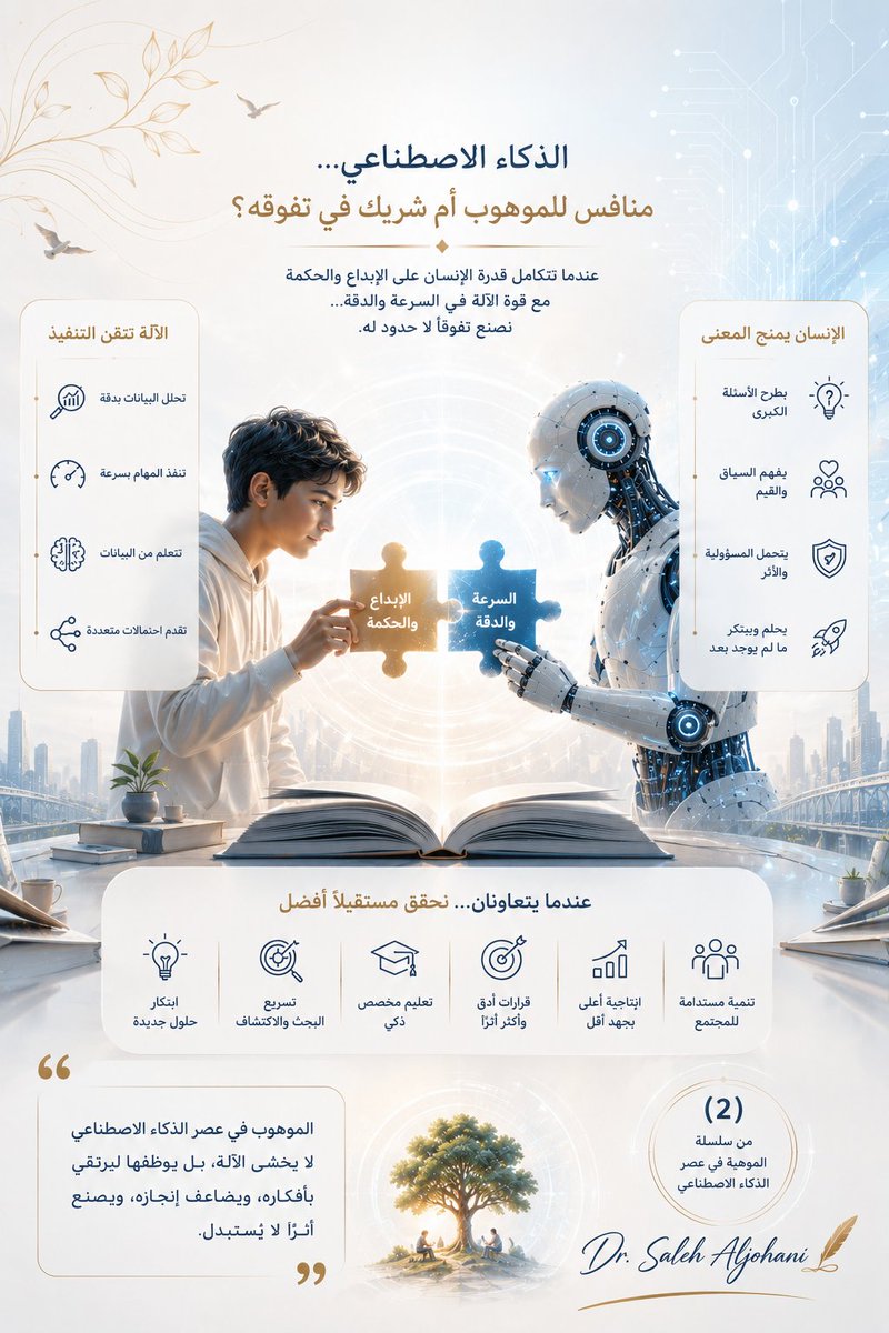 DR_SALJOHANI's tweet photo. الذكاء الاصطناعي... منافس للموهوب أم شريك في تفوقه؟
من سلسلة: الموهبة في عصر الذكاء الاصطناعي | هل تغيرت قواعد التميز؟ (2)
https://t.co/5PmlPHmYLZ
#الموهبة_في_عصر_الذكاء_الاصطناعي
#الذكاء_الاصطناعي #الموهبة #الابتكار #رأس_المال_البشري #مستقبل_التعليم #الاقتصاد_المعرفي #موهبة https://t.co/VW4Rume1cT