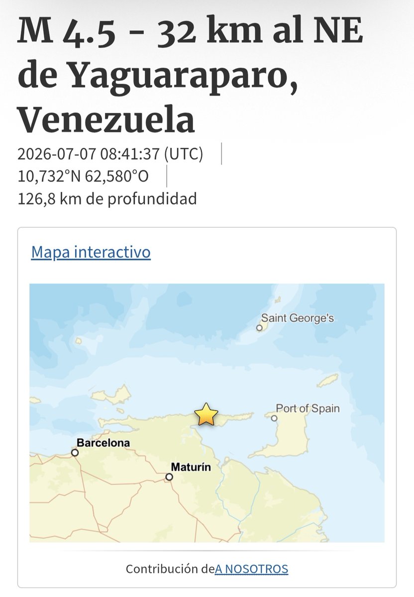 lui_regresa's tweet photo. Actualización Sísmica 12.1 | 2 horas después del Reporte 12 
https://t.co/a18sGnawcm

La actividad sísmica en el oriente de Venezuela continúa mostrando actividad producto de reajustes tectónicos.  Hace pocos minutos se registró un nuevo sismo de magnitud 4.5, localizado 32 km al noreste de Yaguaraparo (estado Sucre), con una profundidad de 126,8 km.

Este nuevo evento ocurrió prácticamente en la misma región donde, horas antes, se registraron los sismos de M 3.5 (103,3 km) y M 4.0 (104,4 km) cerca de Irapa. 

La mayor profundidad de este nuevo sismo confirma que la actividad del oriente venezolano está dominada por sismos de foco intermedio, asociados a procesos tectónicos profundos en la interacción entre las placas Caribe y Suramericana, y no a una ruptura superficial de la Falla de El Pilar.

Hasta el momento no se observa una migración de la sismicidad hacia la superficie.  Por el contrario, la secuencia mantiene un patrón de eventos profundos, diferente de la sismicidad superficial que continúa registrándose en la región central del país (La Guaira, Caracas y Aragua), donde predominan profundidades menores a 15 km.

Este nuevo evento refuerza la interpretación presentada en el Reporte Sísmico 12.  Actualmente Venezuela presenta dos dominios sísmicos simultáneos:

1. Sismicidad superficial en el centro-norte del país, asociada al reajuste posterior al terremoto del 24 de junio.

2. Sismicidad de foco intermedio en el oriente venezolano, relacionada con procesos tectónicos profundos del margen Caribe–Suramérica.

La recomendación sigue siendo mantener la calma, continuar el monitoreo permanente de la evolución de la secuencia sísmica en todo el país, en especial en el Oriente e informarse únicamente a través de fuentes oficiales.

Fuente consultada e imagen USGS