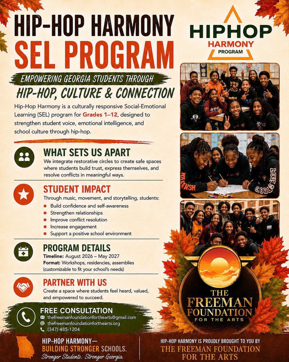 TheFreemanFdn's tweet photo. Every student has a story worth telling. Hip-Hop Harmony gives yours the mic, the rhythm, and the space to be heard. Bring this SEL program to your school this Fall 2026. Stronger students, stronger Georgia. https://t.co/wp7npw3ok6