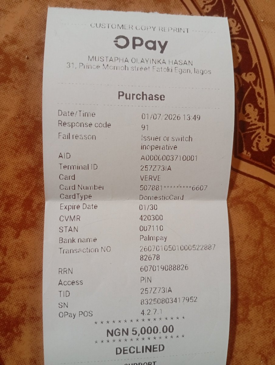 Ardaylaykay's tweet photo. @OPay_NG @cenbank @OPay_NG My bro withdrew on 01/07/26 via opay POS terminal using a palmpay card, revealing successful on the palmpay app but he wasn't allowed cash cos the receipt says declined. Till this moment the funds hasn't been reversed. https://t.co/jkHRRmgMB7