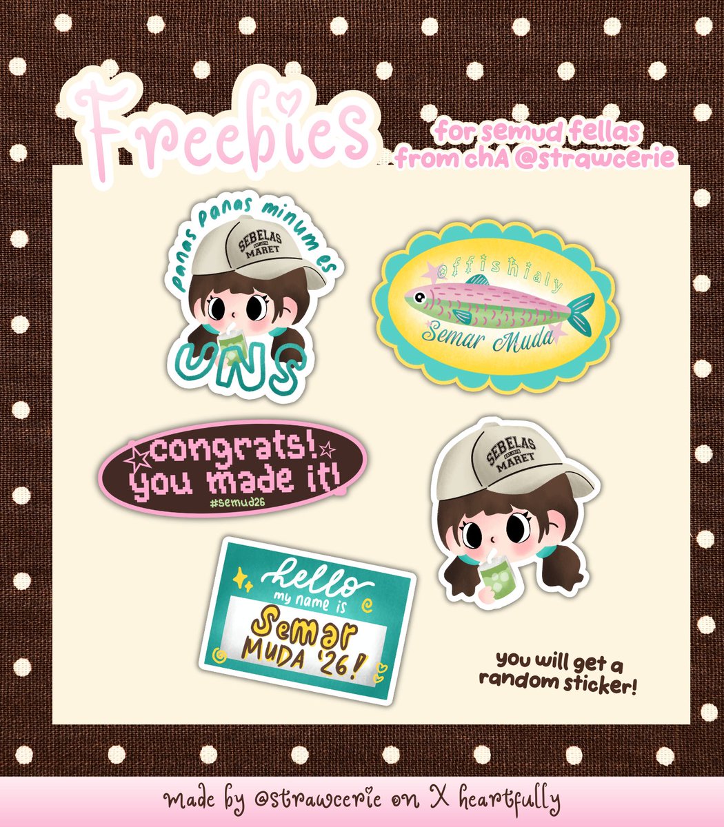 strawcerie's tweet photo. calling out all #semarmuda #semud fellas!!
haii teman-temanku! freebies dari aku siap kalian jemput xixi 🤭 limited yaa, silakan yang mau trade atau non trade juga bolehhh bebas aja <3 rep nama + prodi kalian yaa, thank youu! 🫶🏻🫶🏻 https://t.co/llmaoeaWgd
