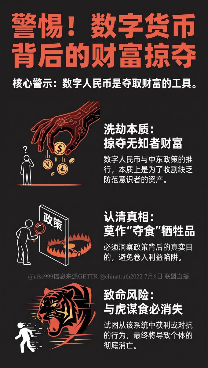 nfsc999's tweet photo. 中共推行数字人民币及中东政策，本质是为了洗劫所有无知者的财富。战友们必须看清这一点，与老虎嘴里夺食的人最终都会消失。

#数字人民币 #人民币 https://t.co/RPw025R8wt