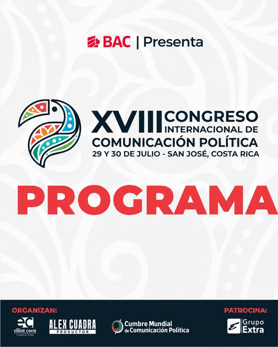 CumbreCP's tweet photo. ¡El programa ya está disponible! 🇨🇷🔥

Conocé las conferencias, paneles y a los especialistas que serán parte del XVII Congreso Internacional de Comunicación Política.

📍 San José, Costa Rica
🗓 29 y 30 de julio
🌐 Programa completo: https://t.co/XnC1fcK5Ew https://t.co/4kuKFePfsA