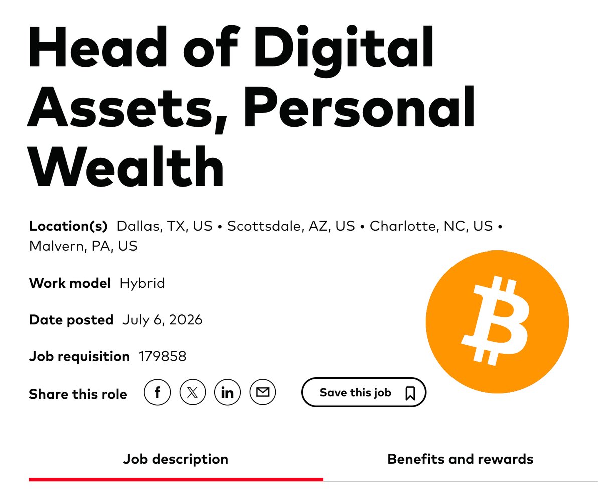 BitcoinMagazine's tweet photo. JUST IN: $12 trillion Vanguard is now hiring for a Head of Digital Assets to develop their "multi-year digital assets roadmap and drive execution." 👀 https://t.co/9Uq6lBj0nN