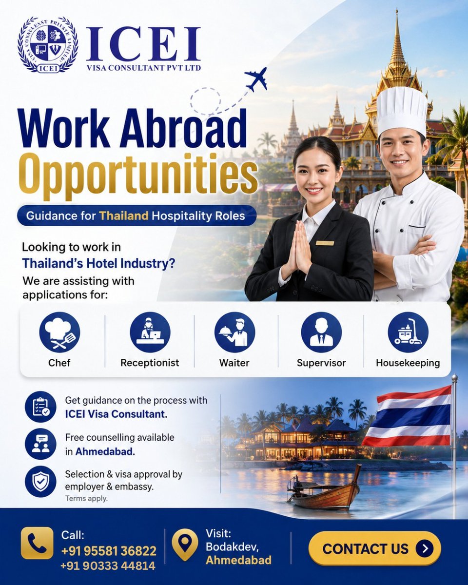 iceiabroadstudy's tweet photo. Explore career opportunities in Thailand's Hospitality Industry 

Roles: Chef | Receptionist | Waiter | Supervisor | Housekeeping

📞 +919558136822 | +919033344814
🌐 https://t.co/1TbWhXFkBj
📩 iceigujarat@gmail.com

#WorkInThailand #ThailandJobs #ICEIVisaConsultant #Ahmedabad https://t.co/cch5wuHj3U