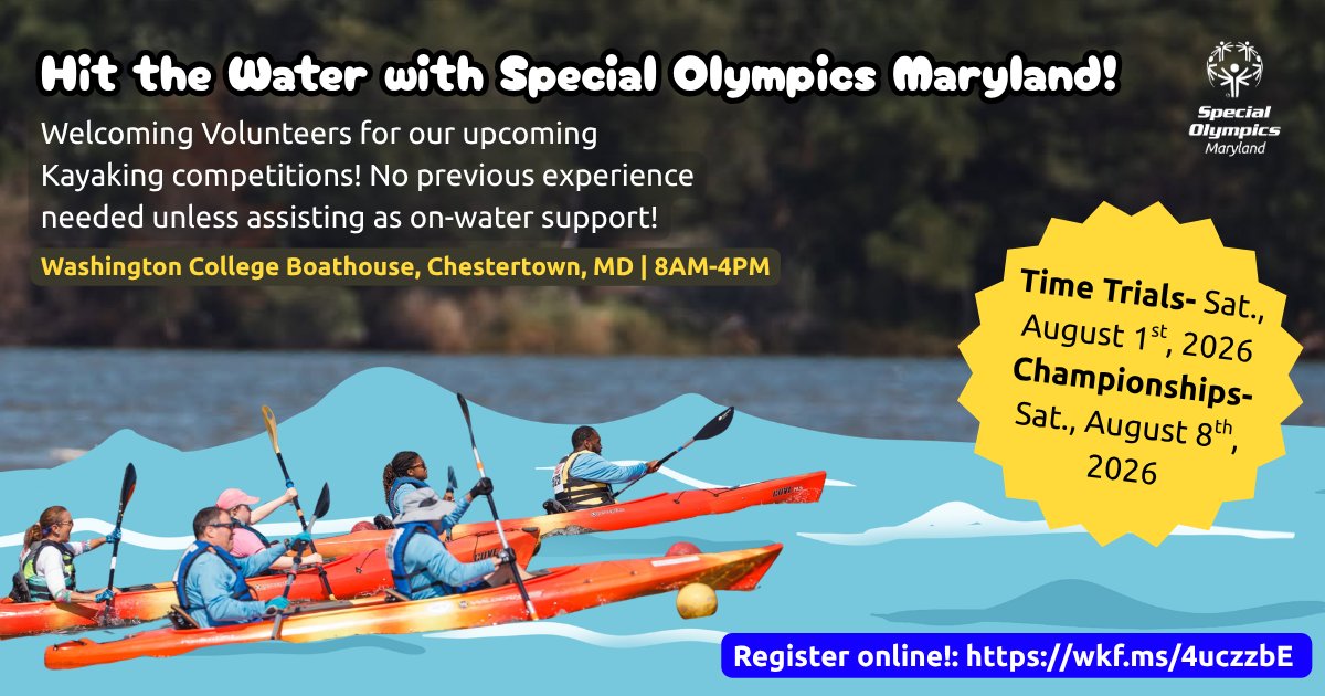 SpOlympicsMD's tweet photo. 🚣 Make a splash with SOMD!

Volunteer at our 2026 Kayaking Competitions on Aug. 1 &amp; 8 in Chestertown. Help as a race stager, athlete escort, timer, or support kayaker.

No experience needed for most roles!

Volunteer >> https://t.co/bQjNI6pdjF

#ExperienceInclusion #Volunteer https://t.co/QoTwEkZvxo