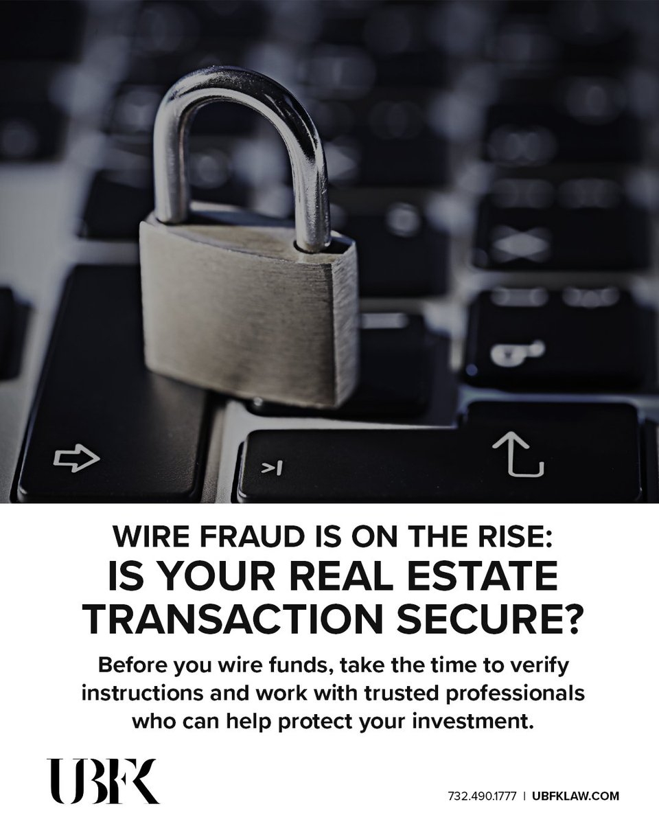 UBFK_Law's tweet photo. Wire fraud in real estate transactions is an increasing concern, but awareness, caution, and the right professional guidance can help reduce the risk of becoming a victim. 

Contact UBFK Law today for guidance on protecting your real estate transaction. https://t.co/Ebt9aGTpE9