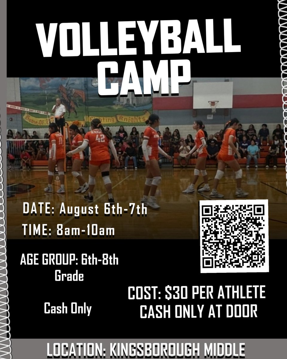 KMS_Knights's tweet photo. 🏐 Volleyball Camp! 🏐 Join us Aug. 6–7 from 8–10 AM at Kingsborough Middle School! Open to incoming 6th–8th graders. Cost: $30 per athlete (cash only at the door). Scan the QR code on the flyer to register. We can’t wait to see you on the court! 🧡🖤 https://t.co/PuAZOJepJR