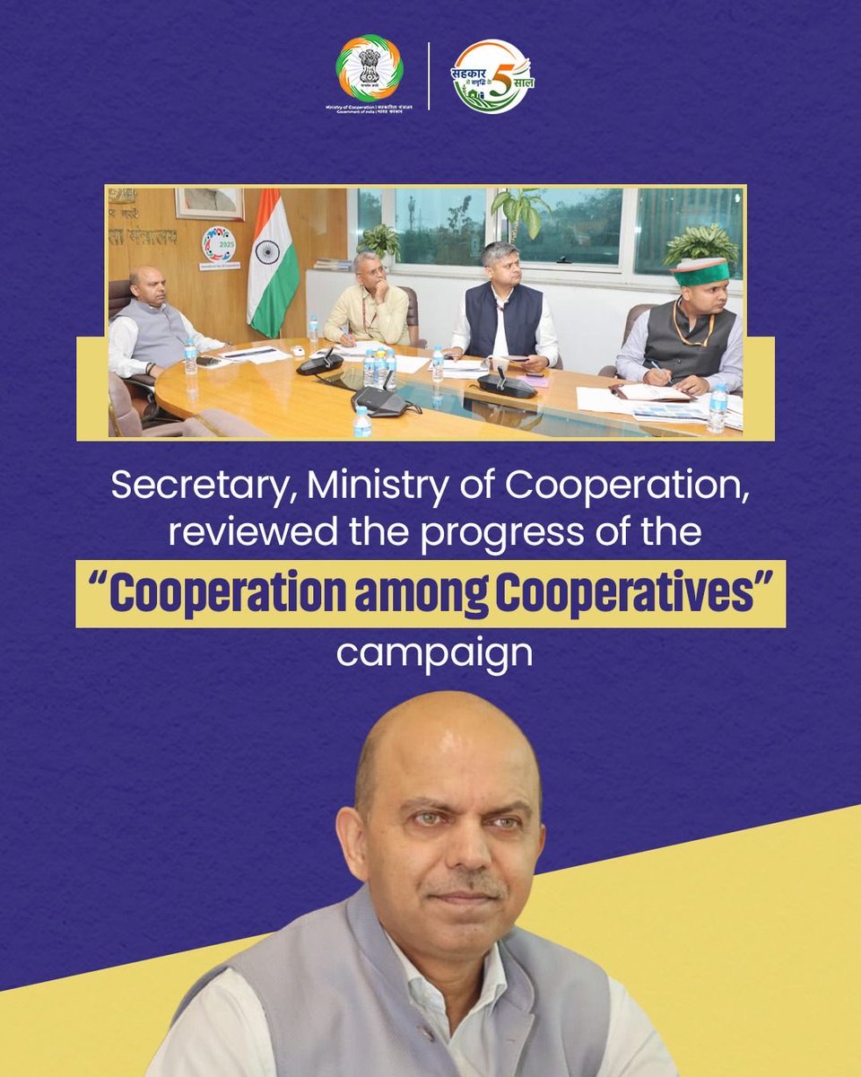 MinOfCooperatn's tweet photo. Dr. @ASHISHBHUTANI14, Secretary, Ministry of Cooperation, Chaired a virtual review meeting on 7 July 2026 to assess the implementation status and progress of the “Cooperation among Cooperatives" campaign in Odisha, Rajasthan, Madhya Pradesh, and Uttar Pradesh States.

The meeting reviewed the campaign’s progress in expanding banking services through cooperative banks by onboarding eligible cooperative societies as Bank Mitras, promoting doorstep banking through Micro-ATMs, opening new cooperative bank accounts, issuing RuPay Kisan Credit Cards (KCC), and strengthening financial inclusion. It also emphasized timely implementation of the SOP, preparation of state-wise action plans, stronger stakeholder coordination, and regular monitoring to accelerate the campaign.

The meeting was attended by Shri Pankaj Kumar Bansal, Additional Secretary; Shri Raman Kumar, Joint Secretary; Shri Kumar Ram Krishna, Director; other senior officials of the Ministry of Cooperation; and officers from the Cooperative Departments of the Governments of Odisha, Rajasthan, Madhya Pradesh, and Uttar Pradesh.

#SahkarSeSamriddhi #EmpoweringCooperatives #SahkarSeSamriddhiKe5Saal