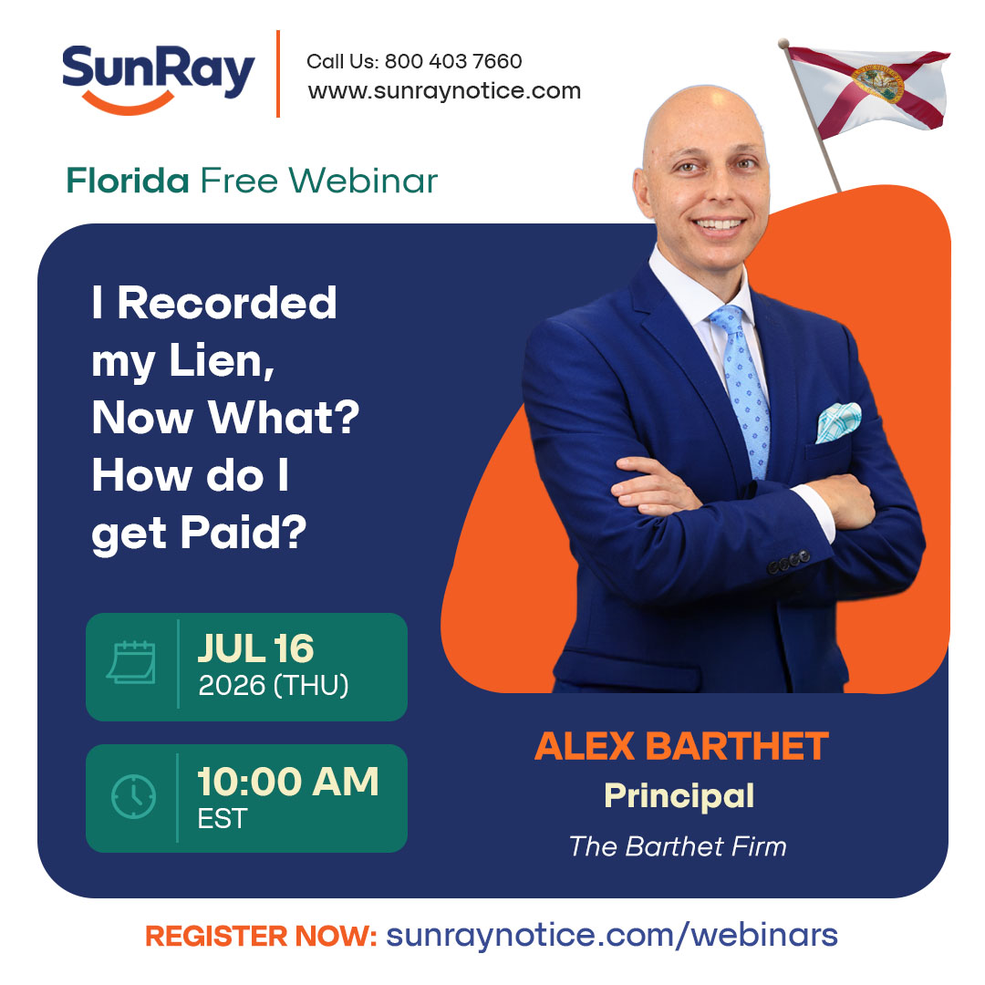 SunrayNotice's tweet photo. Join SunRay Construction Solutions and Construction Attorney Alex Barthet for "I Recorded My Lien, Now What? How Do I Get Paid?" on July 16, 2026, at 10:00 AM EST. https://t.co/o7R7F2uROy

#FloridaConstruction #MechanicsLien #GetPaid https://t.co/dr6xk6Bpd8