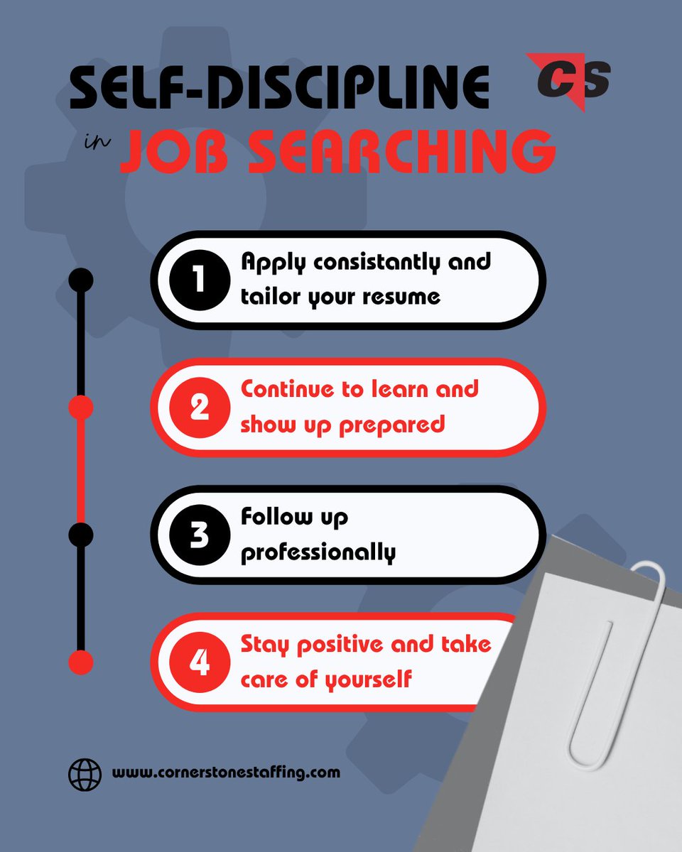 CornerStoneHire's tweet photo. Success isn't built in a single application or one great interview.
It's built in the small choices you make every day.
#CornerStoneStaffing #SelfDiscipline #CareerAdvice #JobSeekers https://t.co/HDtpr8X797