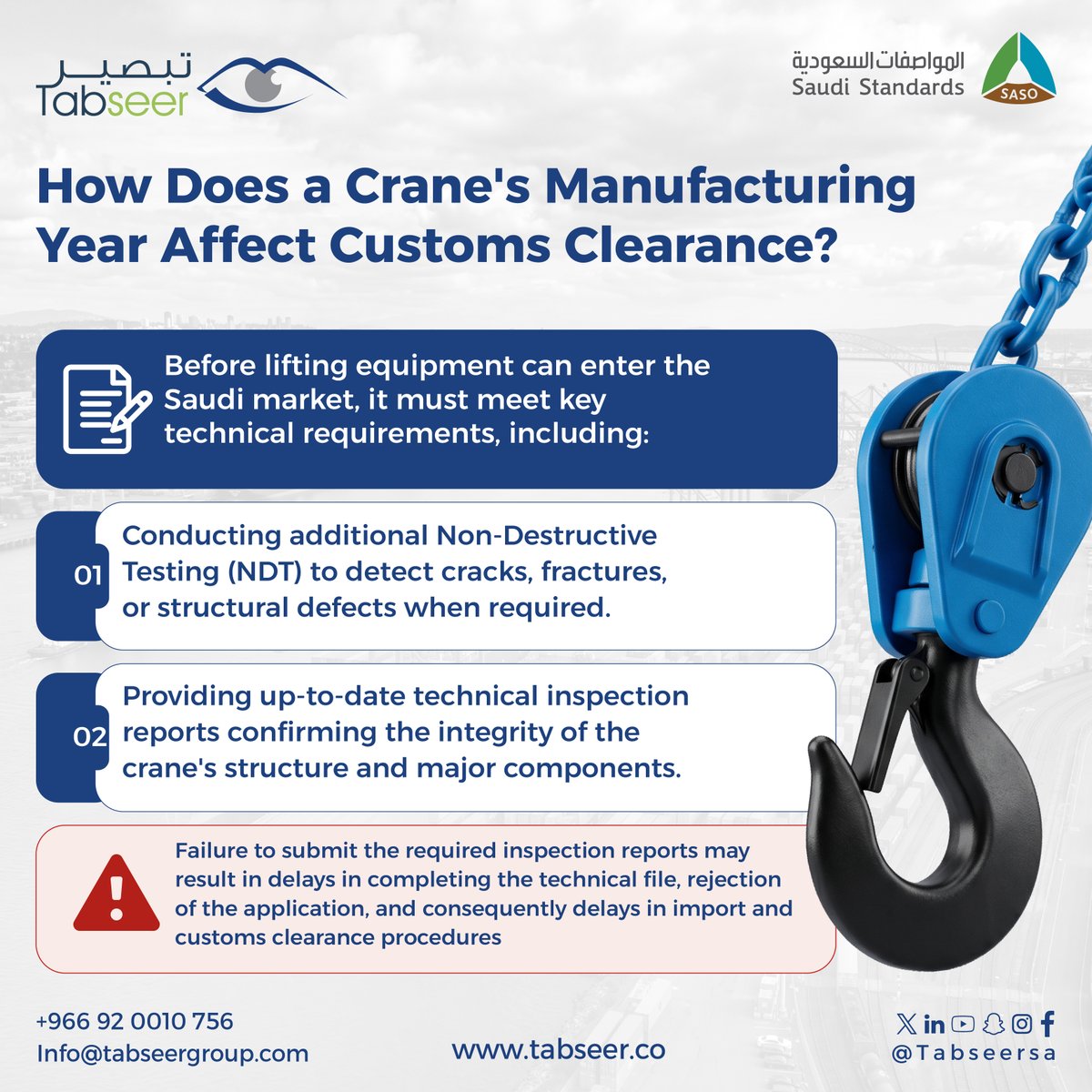 TabseerKSA's tweet photo. Importing lifting equipment requires strict adherence to safety standards.
Key steps include evaluating the crane's service life and others.
#Tabseer, a #SASO-authorized Conformity Assessment Body, offers certification for compliance.
Contact us: +966 920010756. https://t.co/OhPceqSUAp