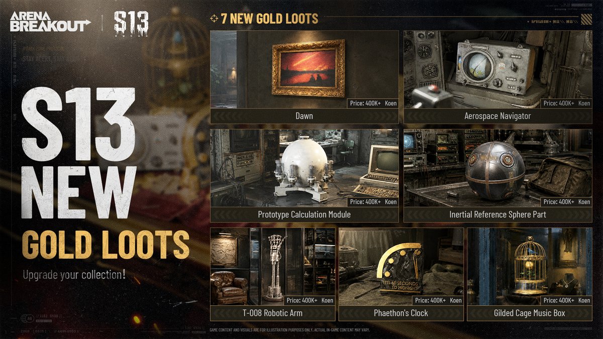 Arena__Breakout's tweet photo. From oil paintings by renowned artists from Tevila to music boxes crafted by established Colom watch companies,
#ThroughTheMist ,7 brand-new Gold Loots are waiting to be added to your collection in #ArenaBreakoutS13!

Enter #LiminalSpace on July 16.

Download now: https://t.co/BZ57mO71u4