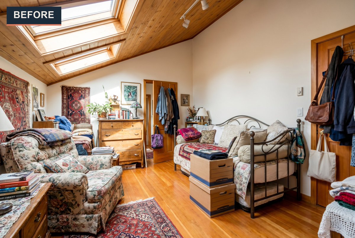 Staging_Studio's tweet photo. Those skylights and warm wood floors were always the story - they just needed room to tell it. We cleared the layered rugs, packed boxes, draped coats, and crowded furniture to reveal a bright, airy loft that sells itself. #RealEstateMarketing #RealEstatePhotography https://t.co/M9WJ8dr0Sk