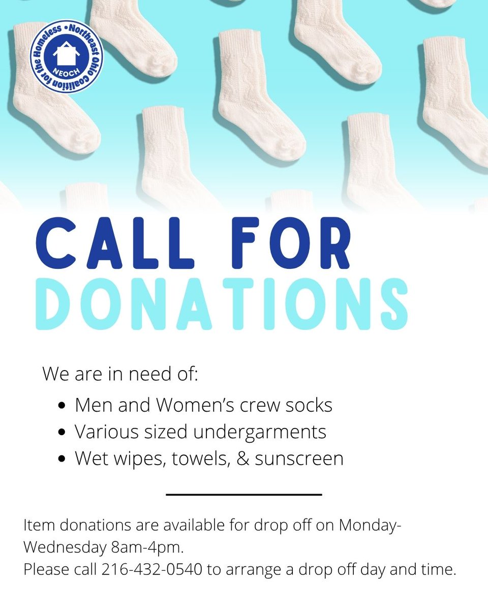 clevhomeless's tweet photo. 🧦 Our sock stocks are getting low! We need some care items for those in need like: crew socks, undergarments, and summer items. Please call 216-432-0540 to arrange a drop off day and time.  #DonationDrive #GiveBack https://t.co/dgdaOtFomj