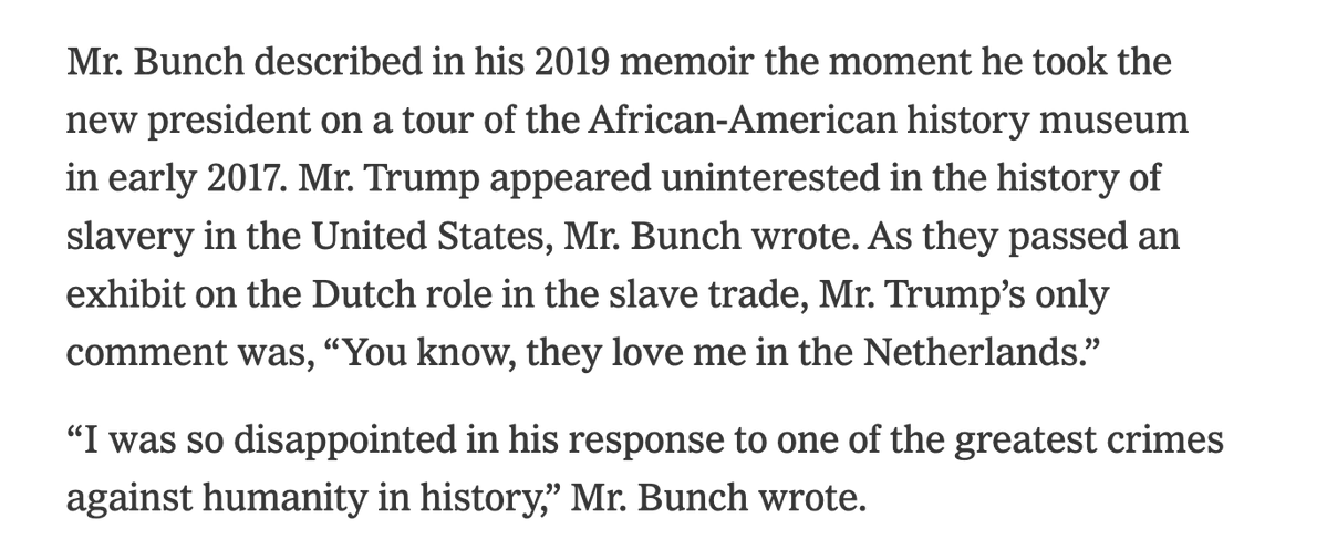 rparloff's tweet photo. Tension between Trump &amp; the Smithsonian's chief began on a museum tour, as they passed an exhibit on the Dutch role in the slave trade, &amp; Trump's only comment was, "You know they love me in the Netherlands."
By @maggieNYT &amp; @jonathanvswan  
https://t.co/1gsQ91AYuq https://t.co/9Fw6lGwYeY
