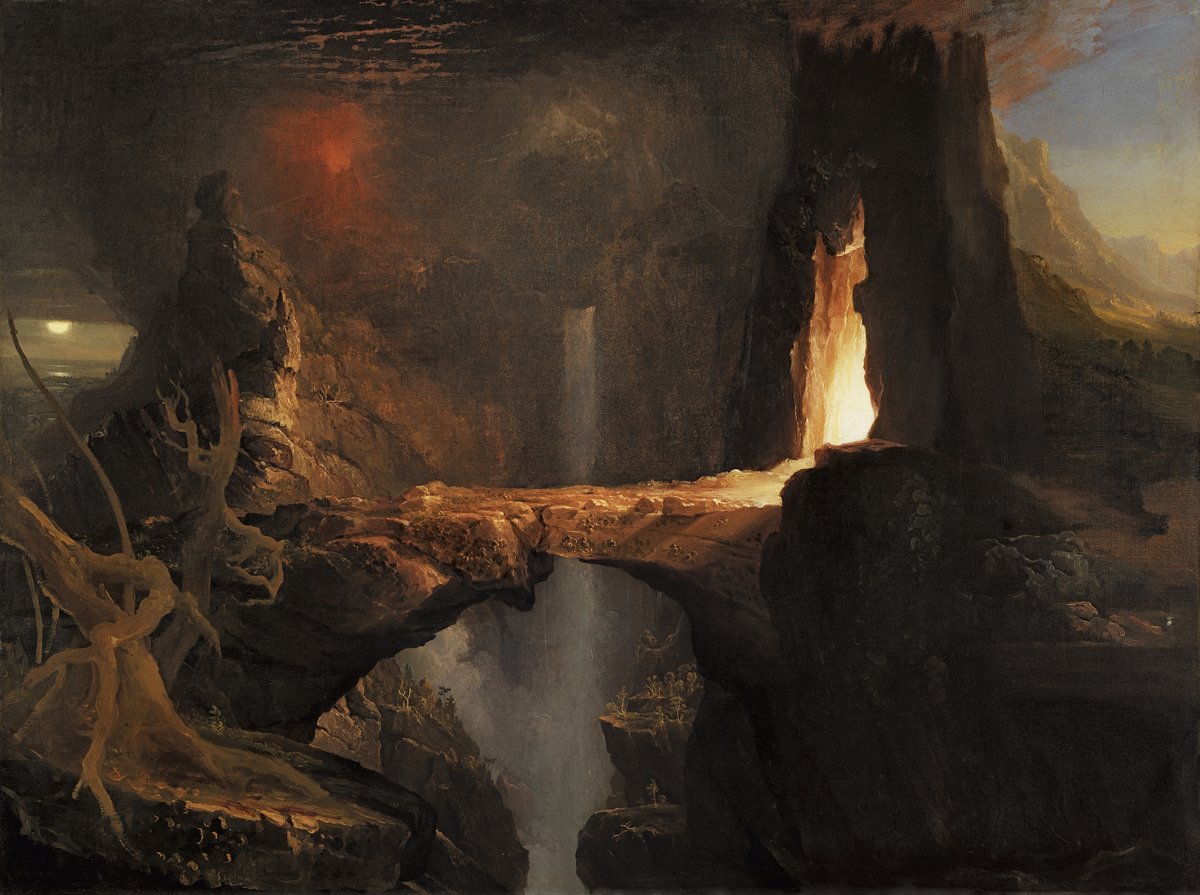 Tcolegoat's tweet photo. "Expulsion: Moon and Firelight" - Thomas Cole (19th Century) https://t.co/otTf9Gxw8T