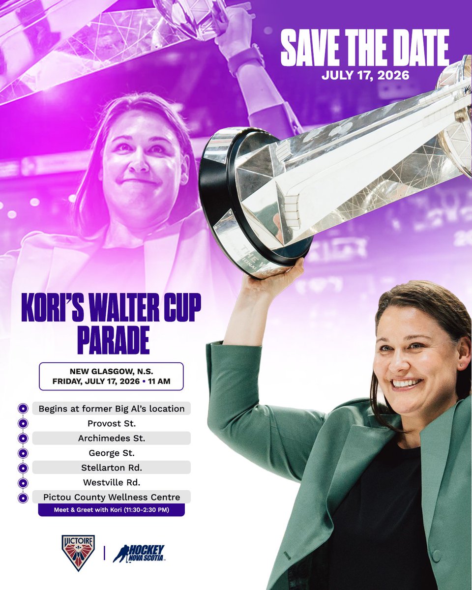 HockeyNS's tweet photo. KORI IS BRINGING THE WALTER CUP HOME 🏆

Mark your calendars!

New Glasgow's own Kori Cheverie will bring the PWHL championship trophy to her hometown on July 17, and everyone's invited to celebrate with a parade through the streets of New Glasgow.

@KoriCheverie | #nsproud https://t.co/gTr1LRZAE7