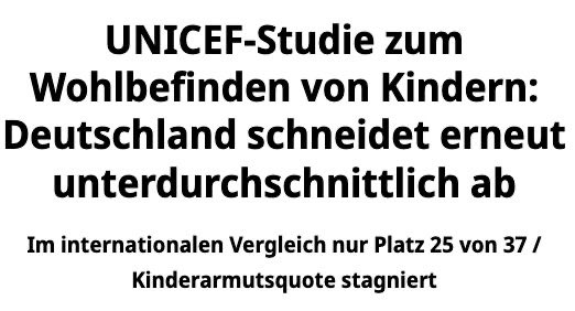 sanktionsfrei's tweet photo. UNICEF: Deutschland nur Platz 25 von 37 beim Wohlbefinden von Kindern.

Schwarz-Rot: Da ist noch Luft nach unten. https://t.co/PSqXXWMlO2